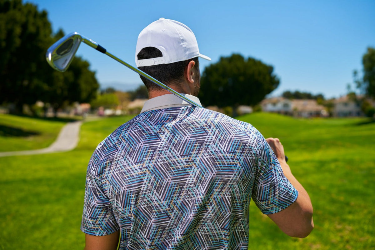 Black Clover Multi-Colored Modern Print Golf Polo with Light Grey Collar and Placket