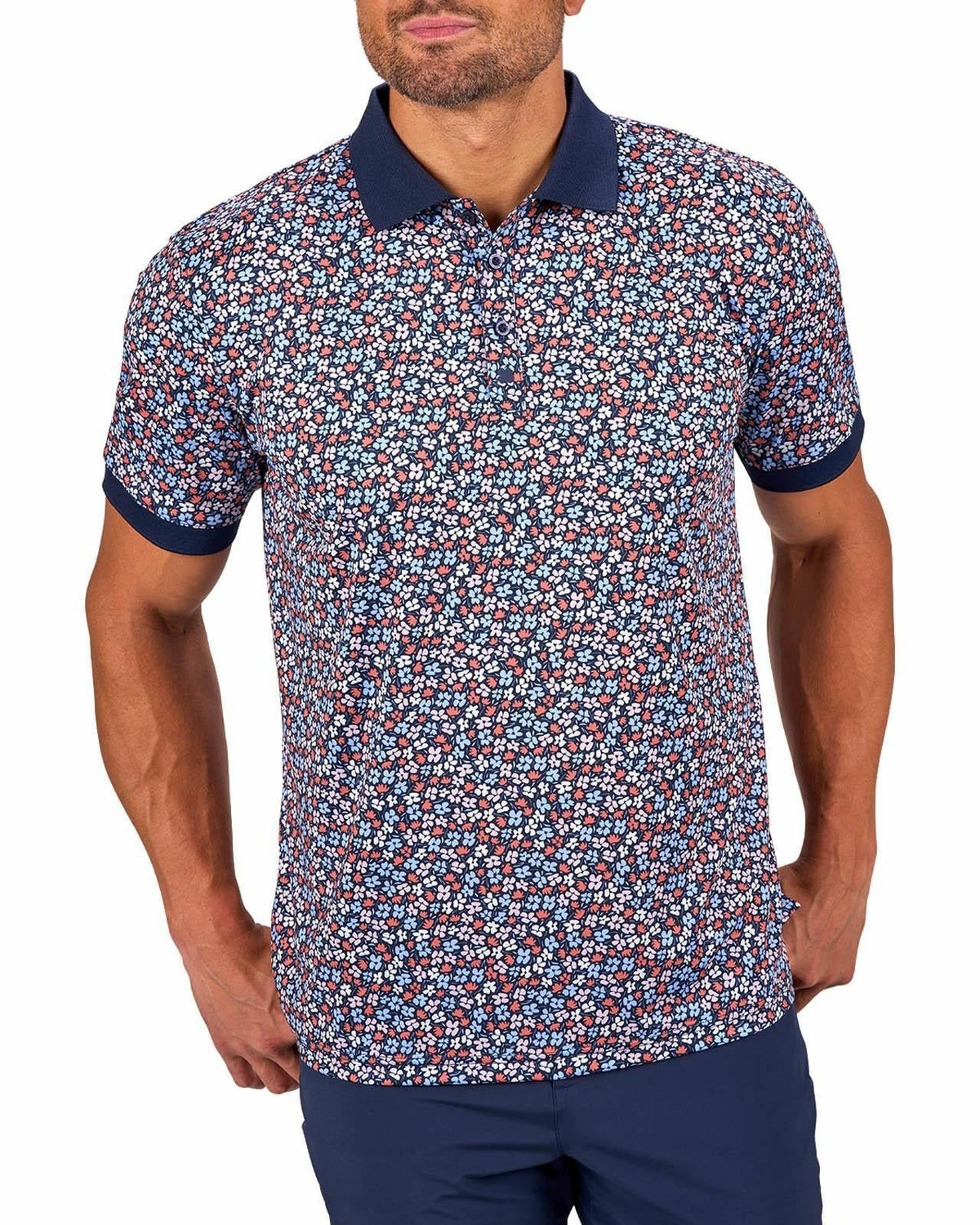 Black Clover Men's Navy Perfomance Golf Polo with Wild Flower Pattern
