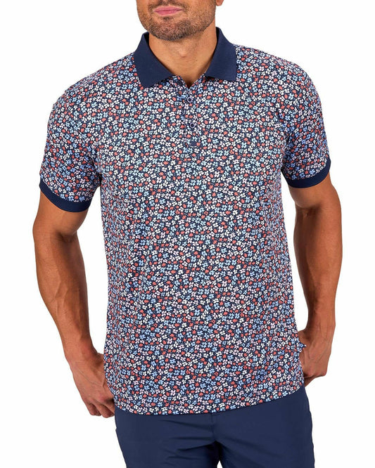 Black Clover Men's Navy Perfomance Golf Polo with Wild Flower Pattern