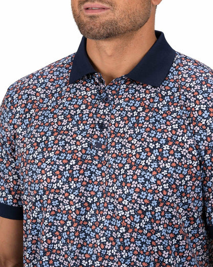 Black Clover Men's Navy Perfomance Golf Polo with Wild Flower Pattern