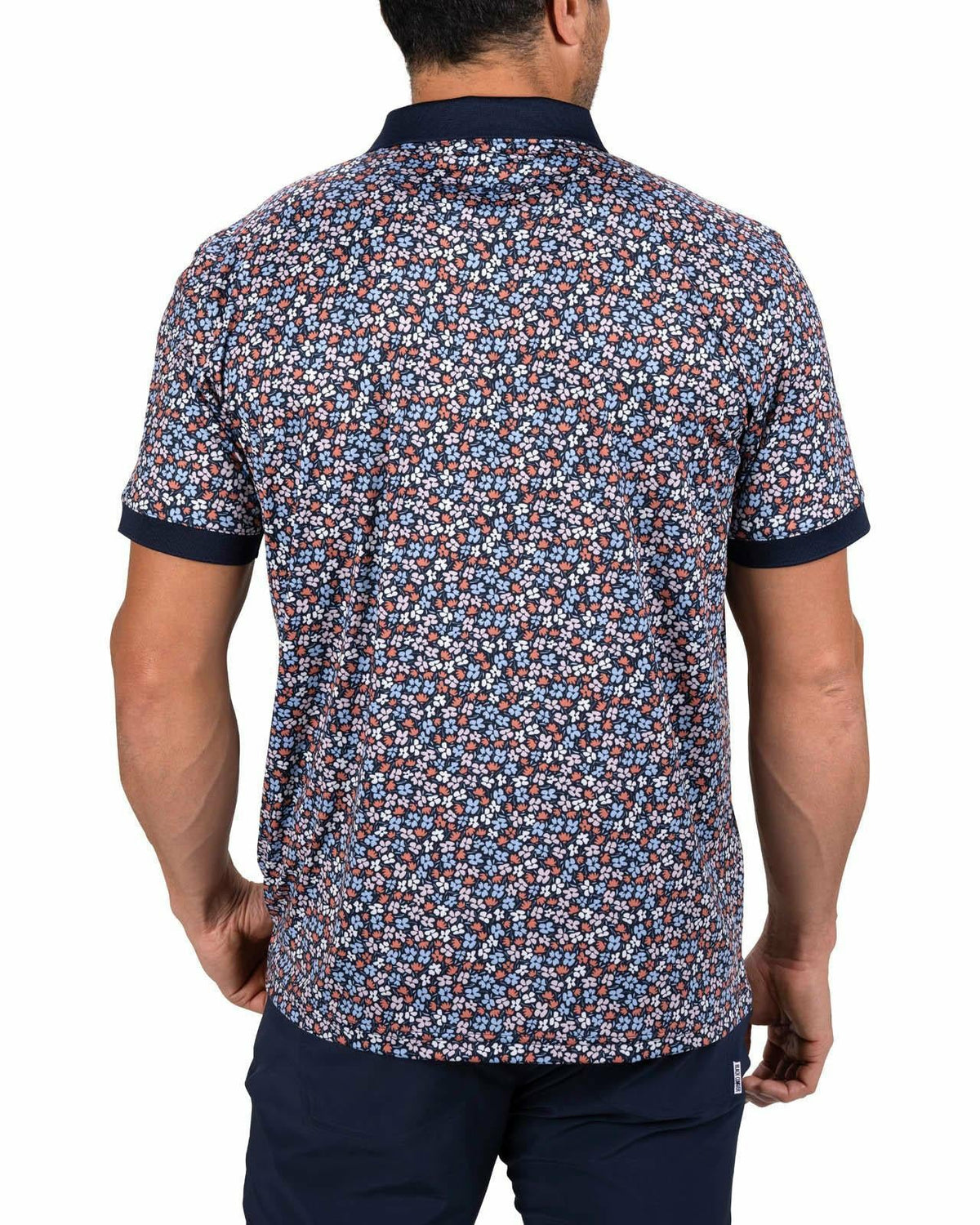 Black Clover Men's Navy Perfomance Golf Polo with Wild Flower Pattern