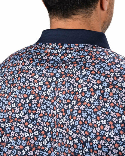Black Clover Men's Navy Perfomance Golf Polo with Wild Flower Pattern