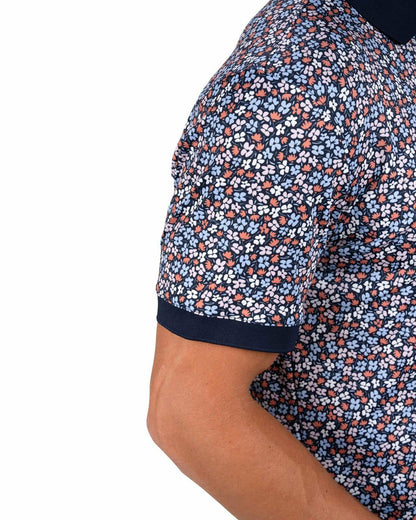 Black Clover Men's Navy Perfomance Golf Polo with Wild Flower Pattern