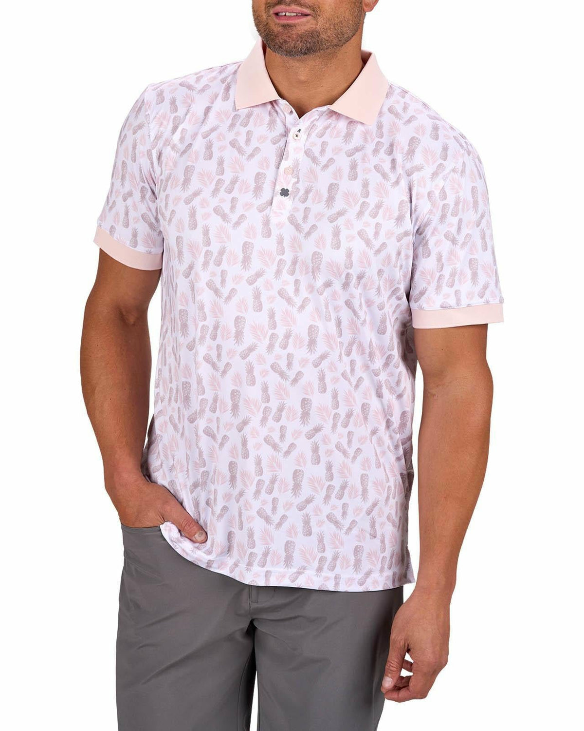 Black Clover Tropical Men's Light Pink Golf Polo with Pineapple Pattern