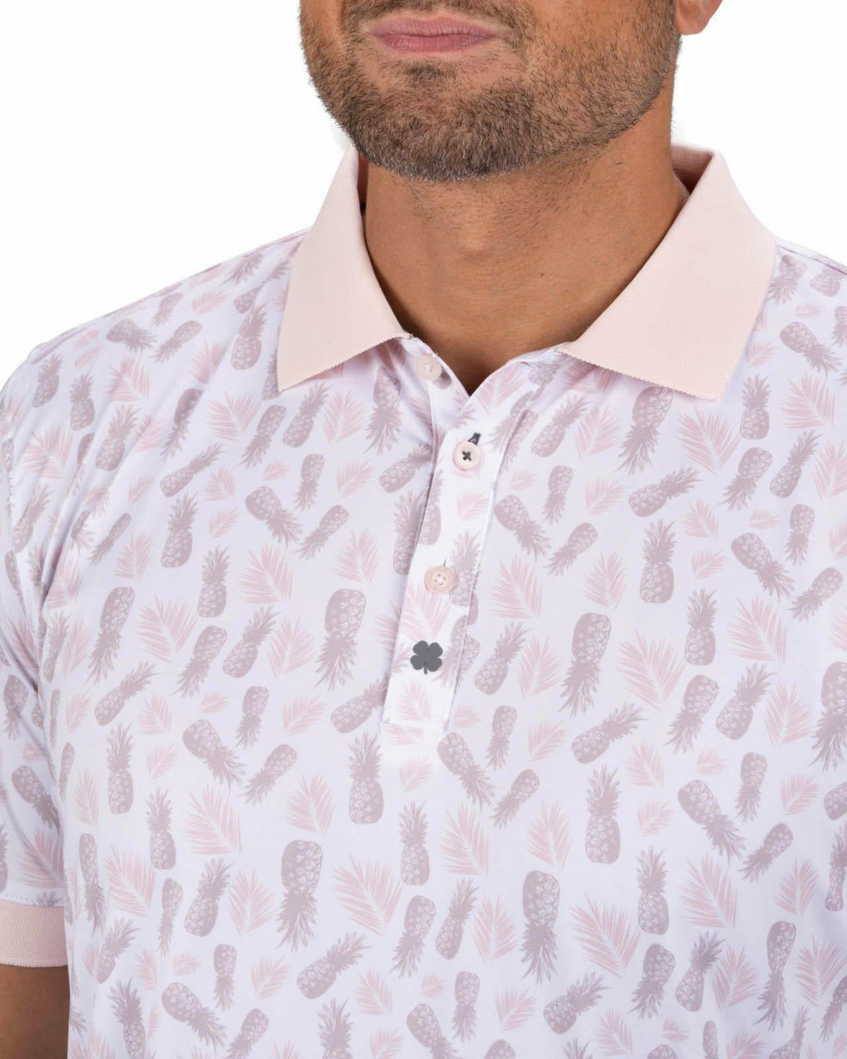 Black Clover Tropical Men's Light Pink Golf Polo with Pineapple Pattern