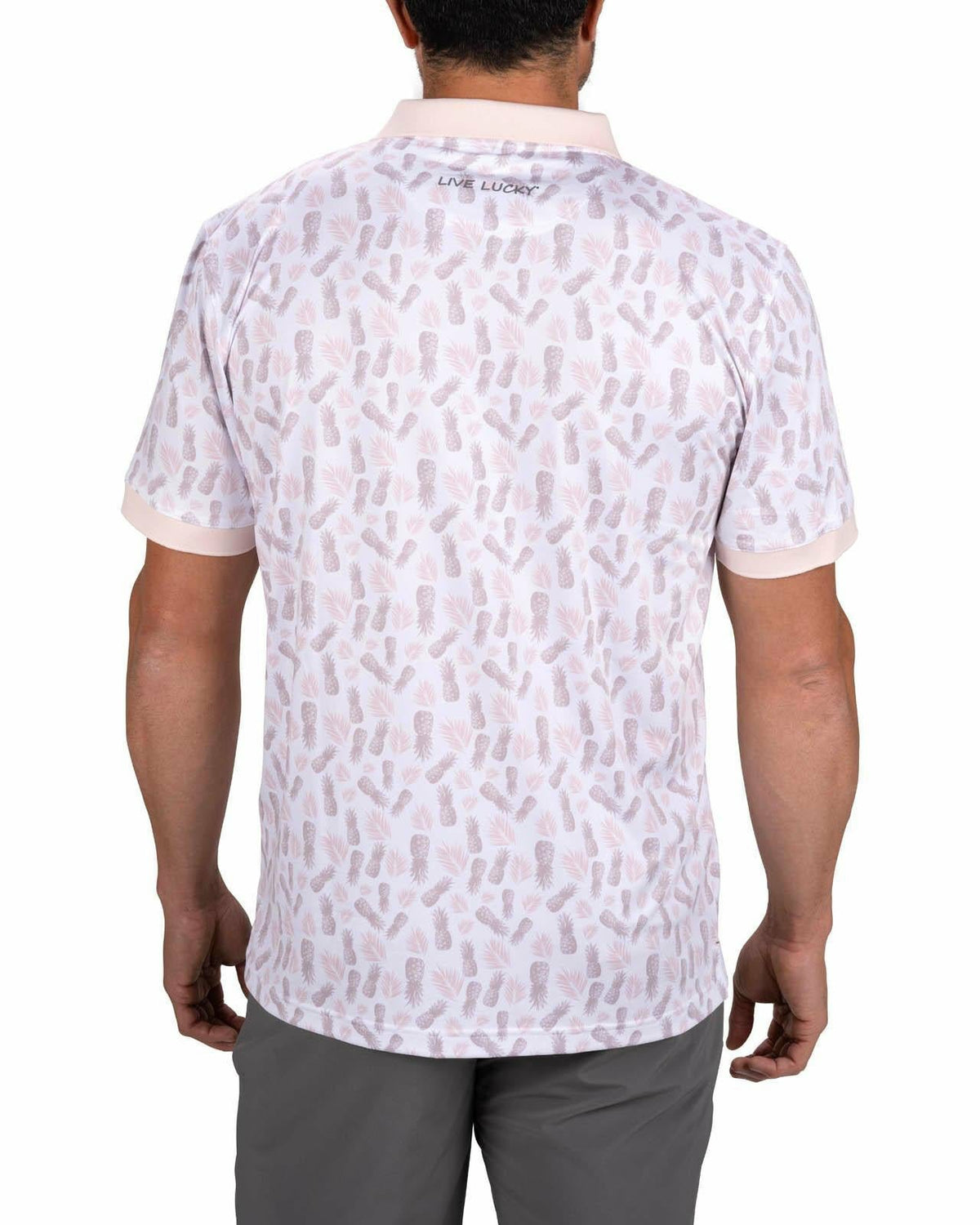 Black Clover Tropical Men's Light Pink Golf Polo with Pineapple Pattern