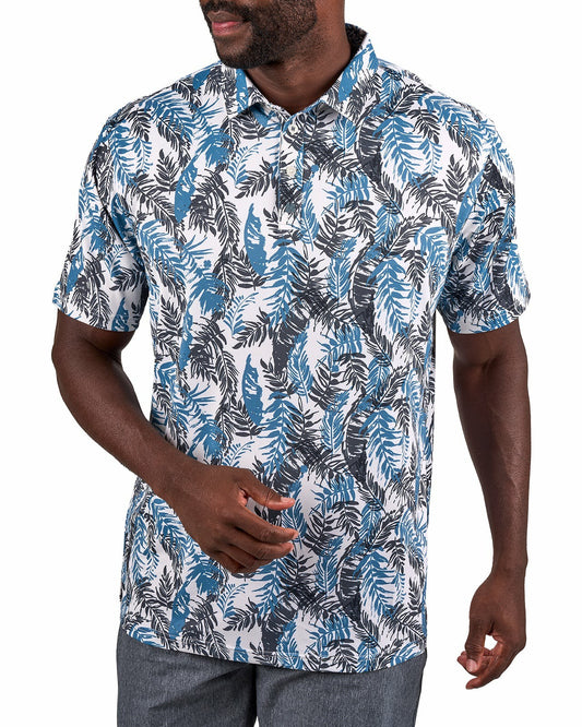 Black Clover Blue and White Tropical Print Polo for Golf or Business