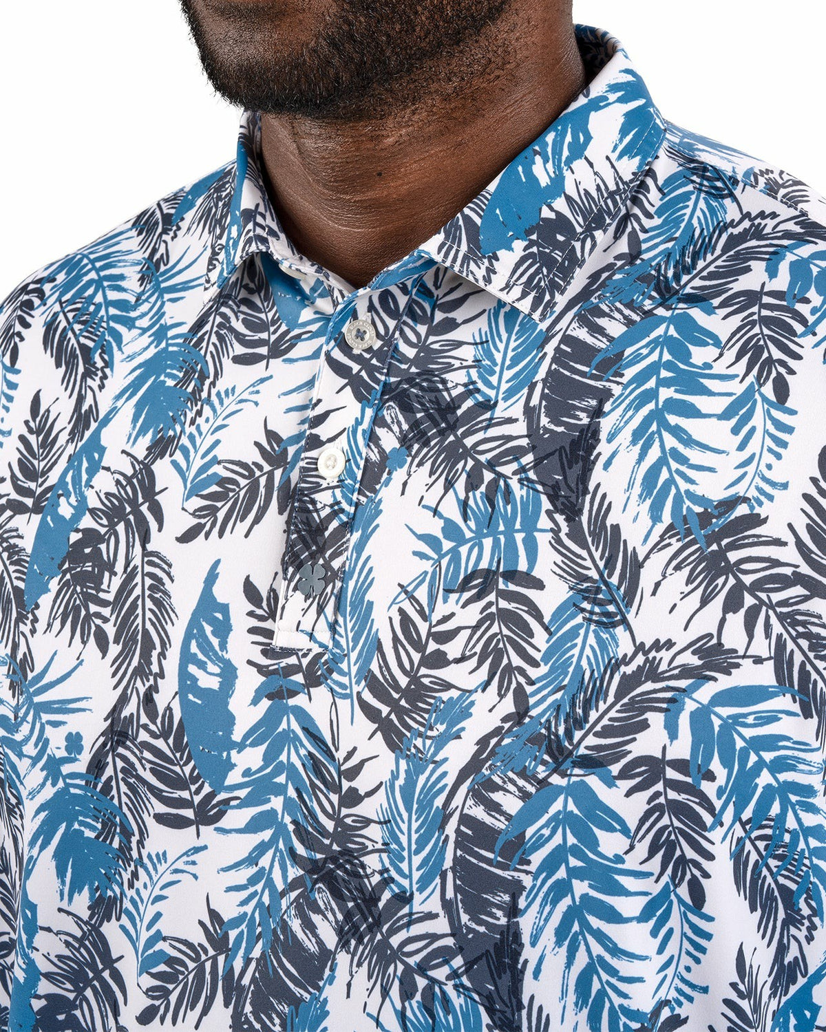 Black Clover Blue and White Tropical Print Polo for Golf or Business