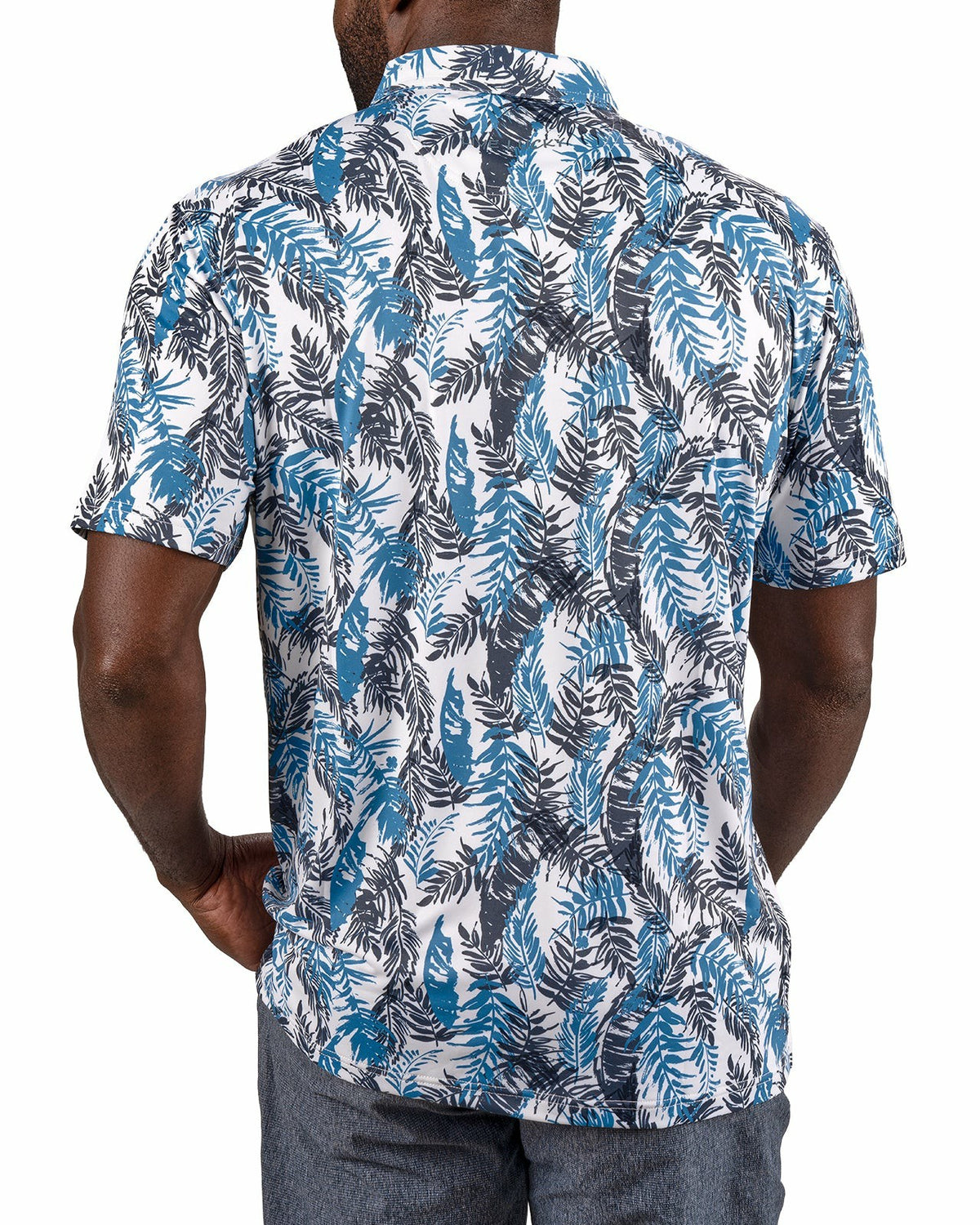 Black Clover Blue and White Tropical Print Polo for Golf or Business