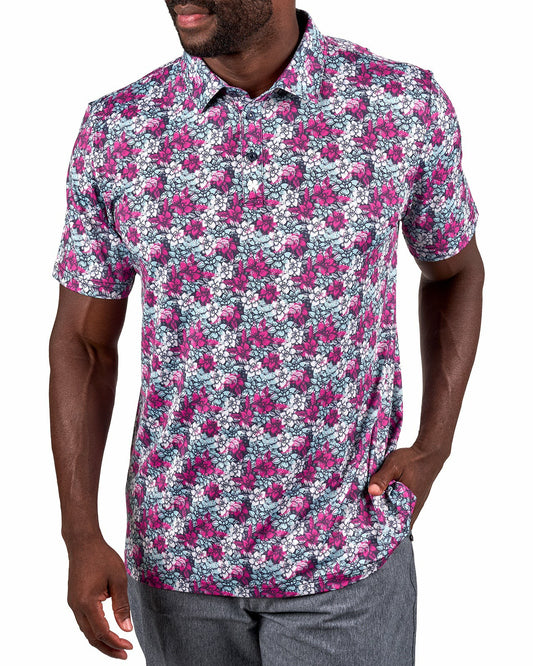 Black Clover Men's Black and Multicolored Floral Polo for Golf or Business
