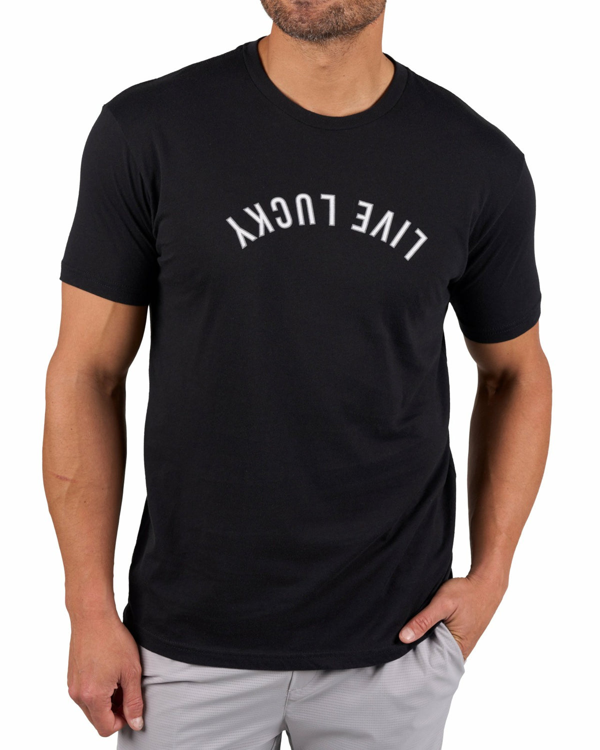 Black Clover Retro Men's Black Graphic Tee with Upside Down Live Lucky Logo