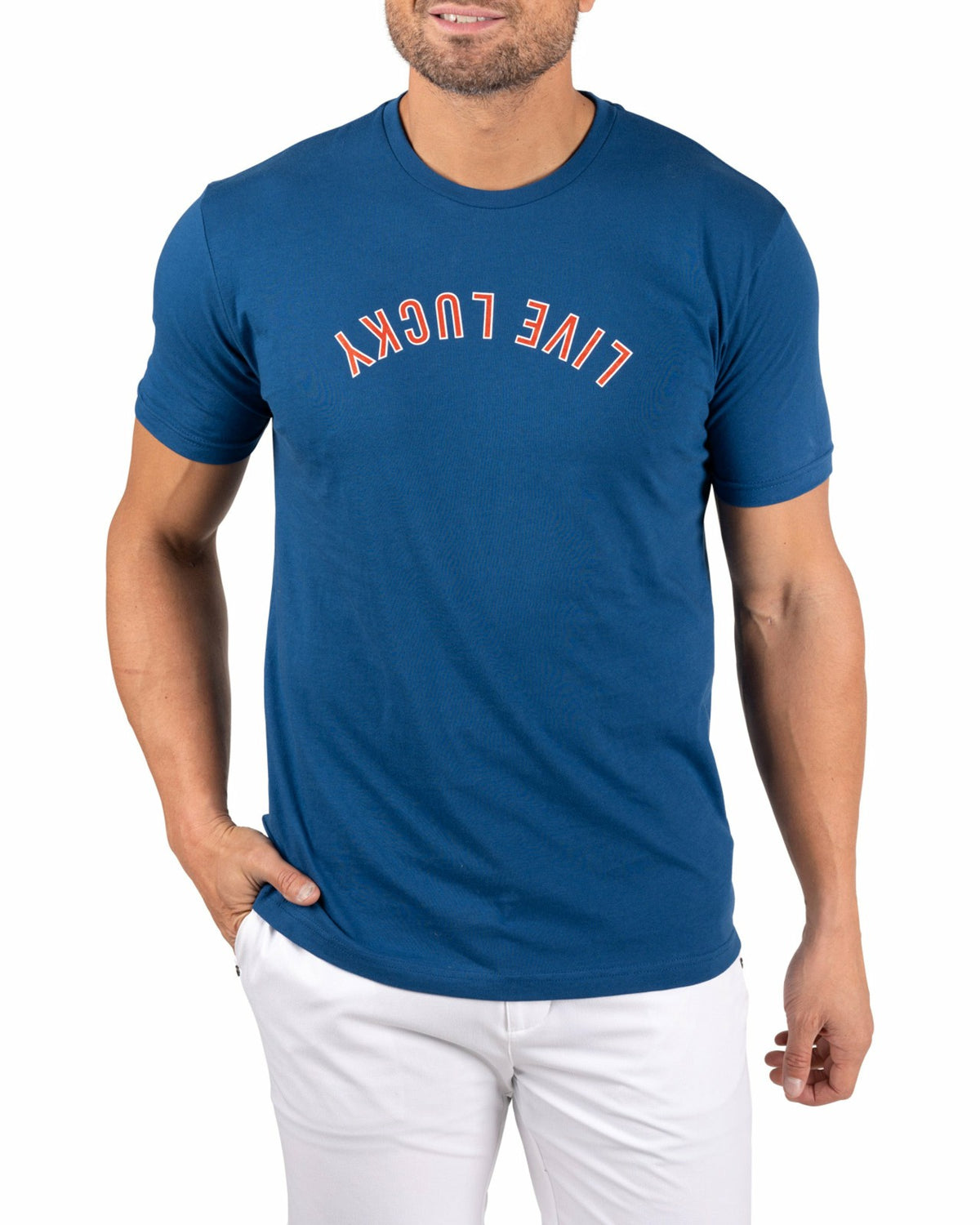 Black Clover Retro Men's Blue Graphic Tee with Upside Down Live Lucky Logo