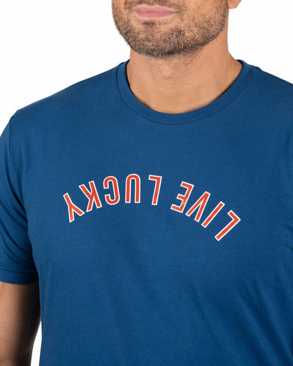 Black Clover Retro Men's Blue Graphic Tee with Upside Down Live Lucky Logo