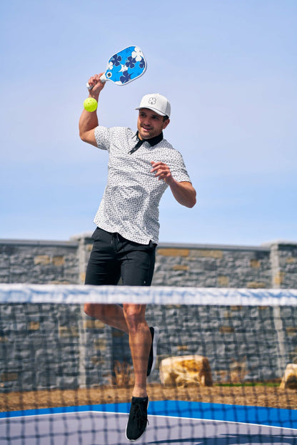 Black Clover Men's Black and White Pickleball Themed Polo for Golf and Lifestyle
