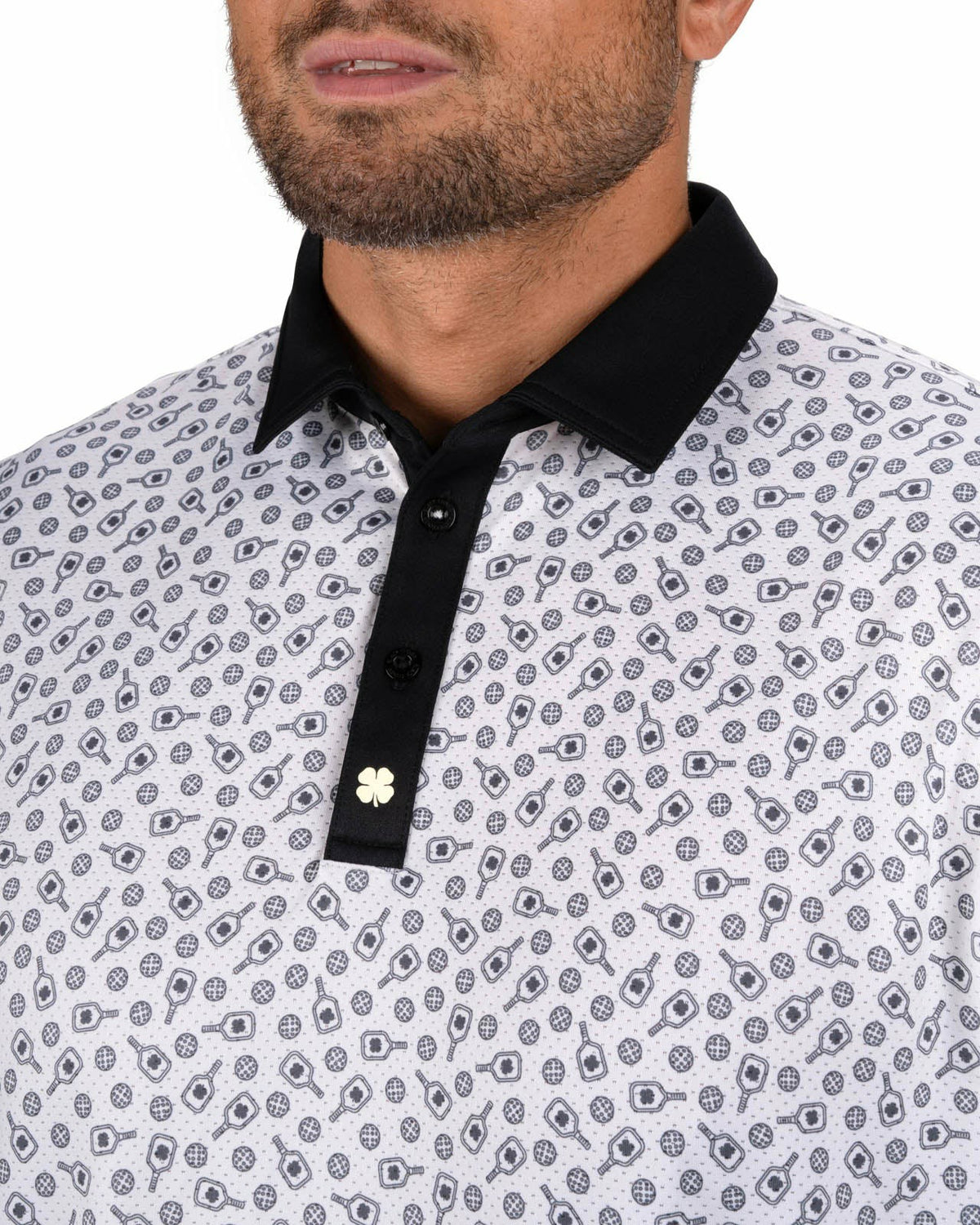 Black Clover Men's Black and White Pickleball Themed Polo for Golf and Lifestyle