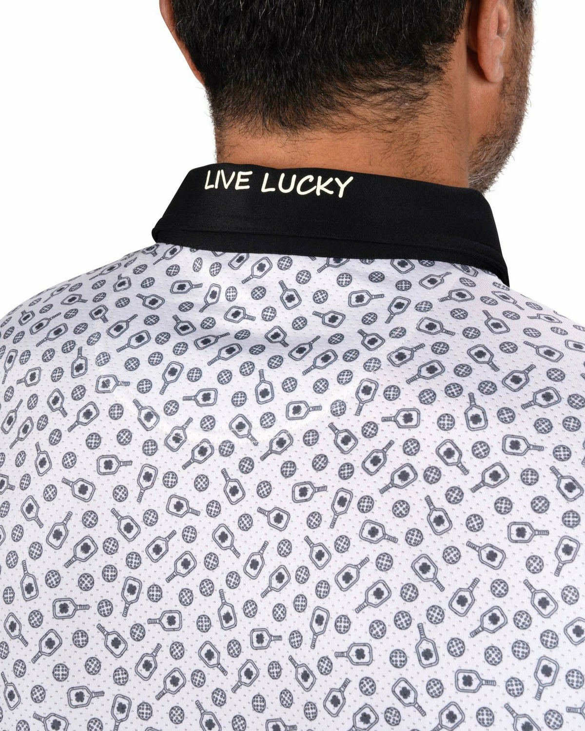 Black Clover Men's Black and White Pickleball Themed Polo for Golf and Lifestyle