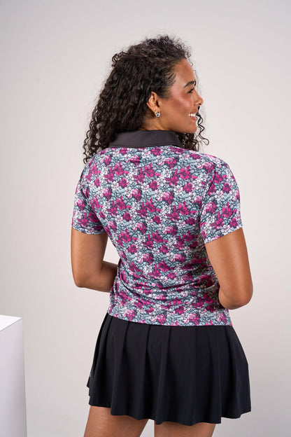 Black Clover Women's Black and Pink Floral Golf or Tennis Polo