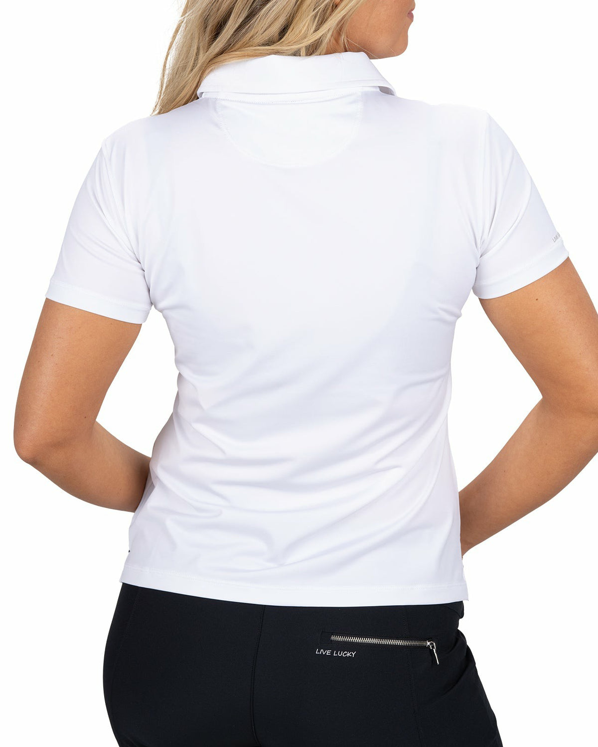 Black Clover Slightly Fitted Women's Five-Button White Polo with Accent Piping on Placket