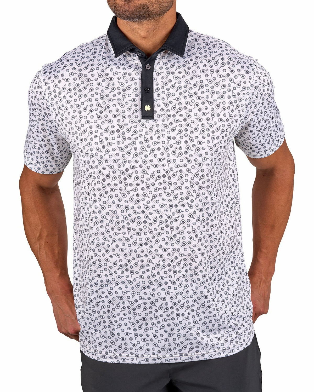Black Clover Men's Black and White Pickleball Themed Polo for Golf and Lifestyle