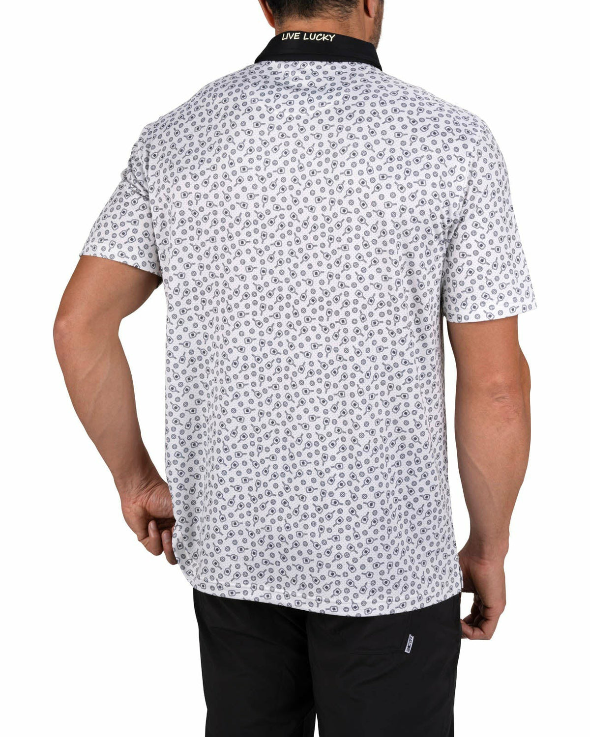 Black Clover Men's Black and White Pickleball Themed Polo for Golf and Lifestyle