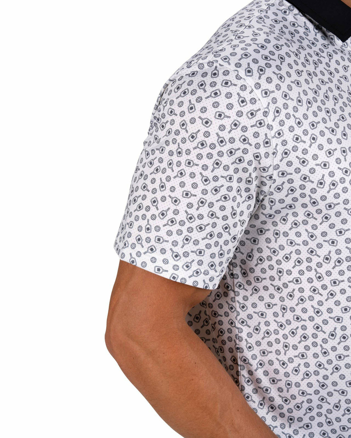 Black Clover Men's Black and White Pickleball Themed Polo for Golf and Lifestyle