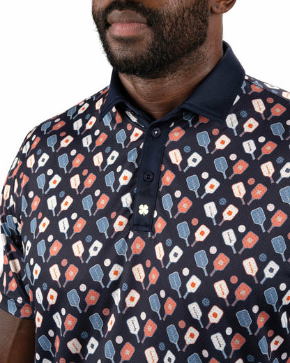 Black Clover Men's Navy Performance Polo with Pickleball Pattern