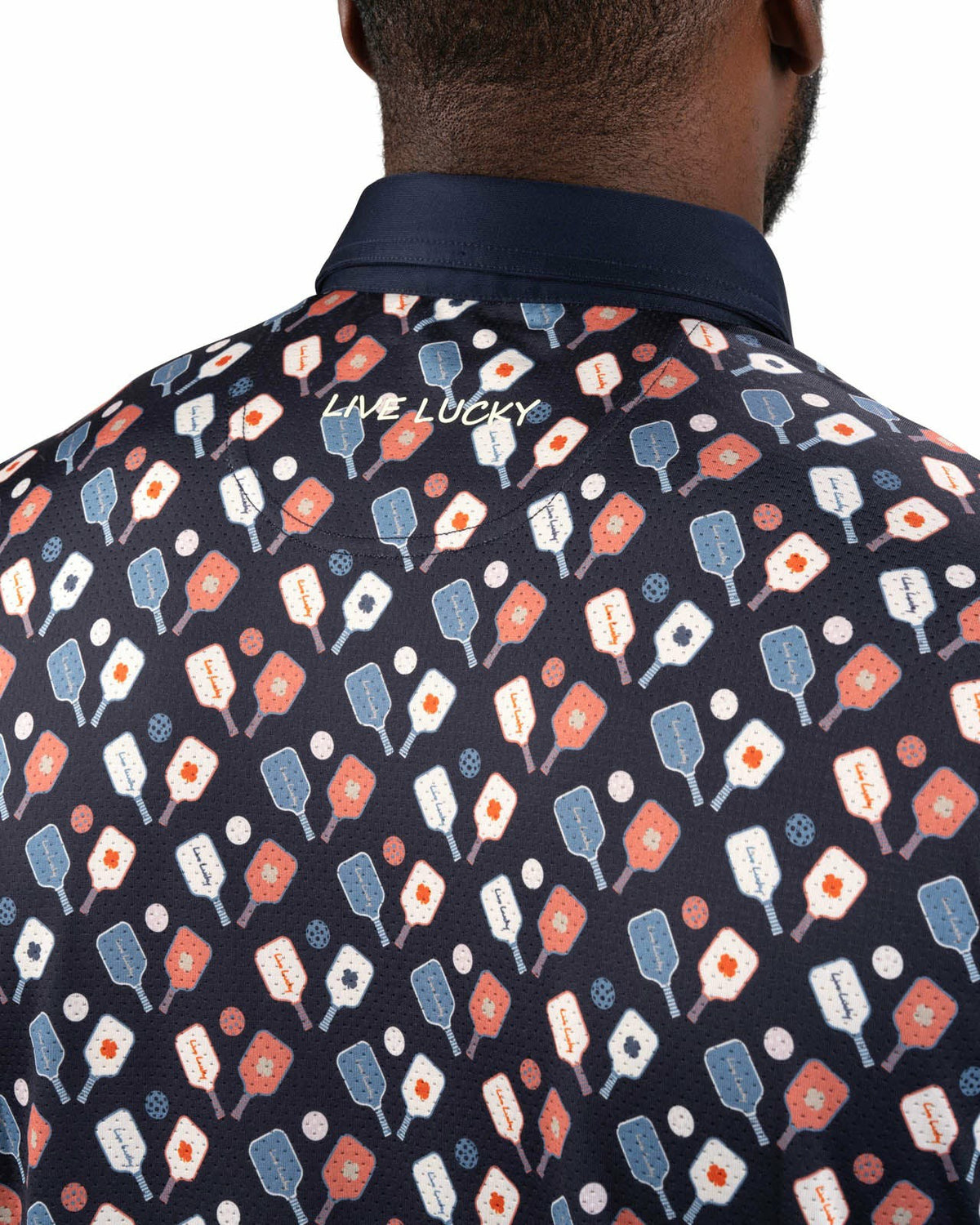Black Clover Men's Navy Performance Polo with Pickleball Pattern