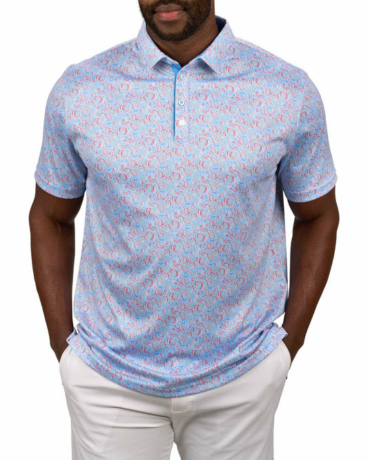 Black Clover Men's Light Blue Beach Print Polo for Golf or Business