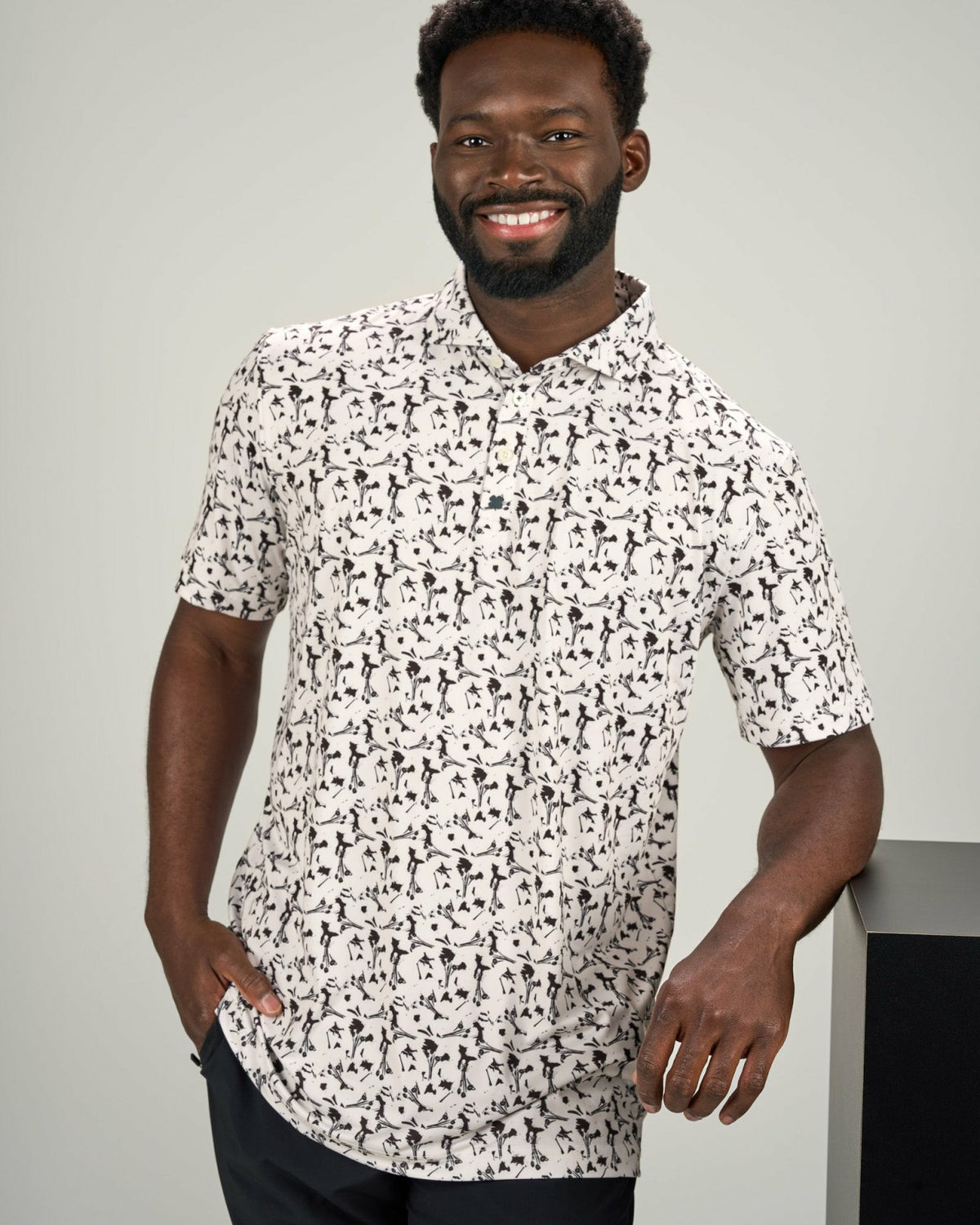 Black Clover Men's Stylish White Floral Polo for Golf or Business
