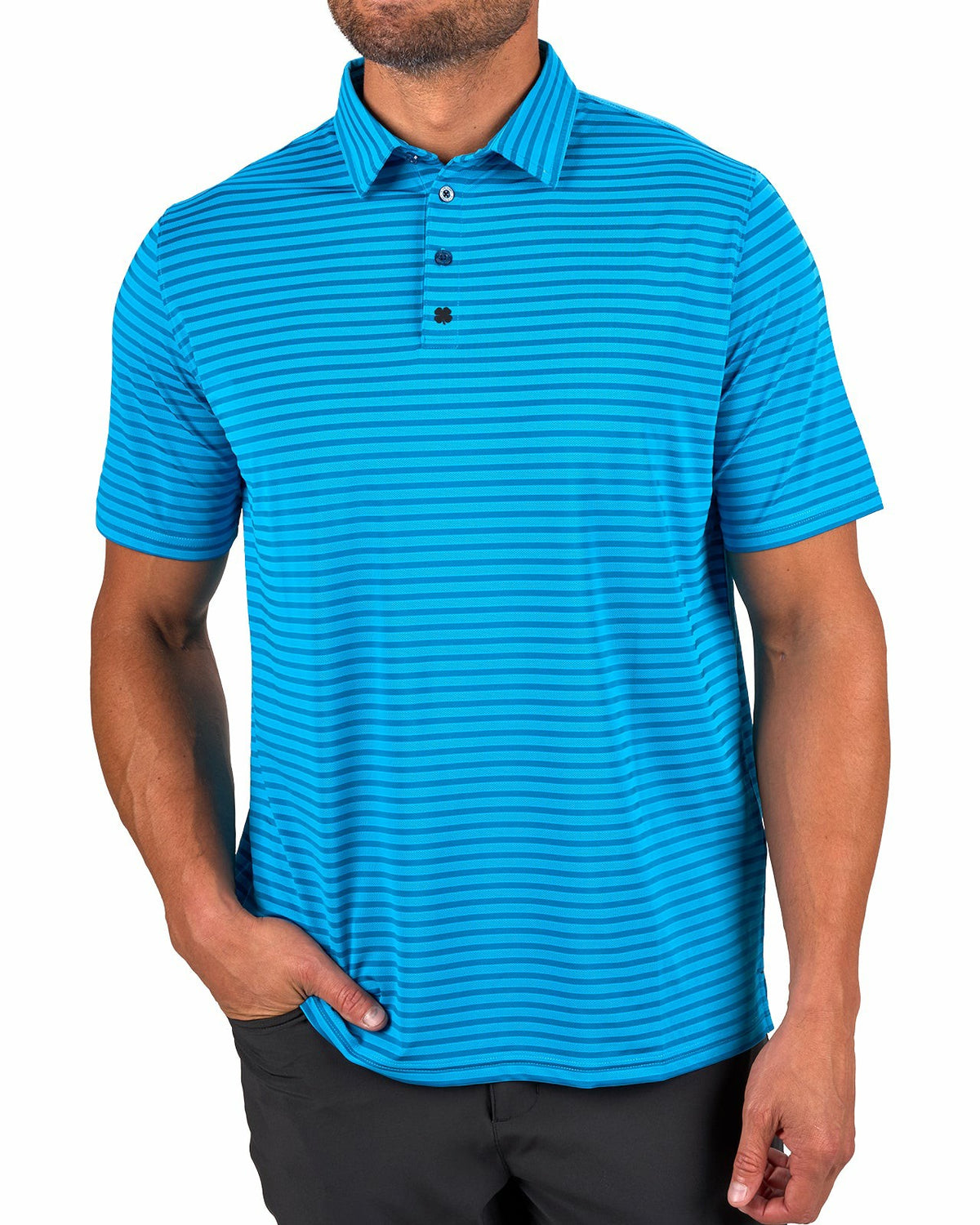 Black Clover Men’s Stylish Teal Blue Striped Polo for Golf and Business