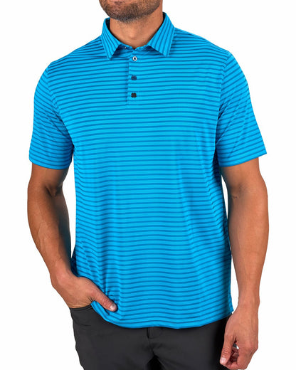 Black Clover Men’s Stylish Teal Blue Striped Polo for Golf and Business
