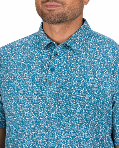 Black Clover Men's Stylish Floral Teal Blue Polo for Golf or Business