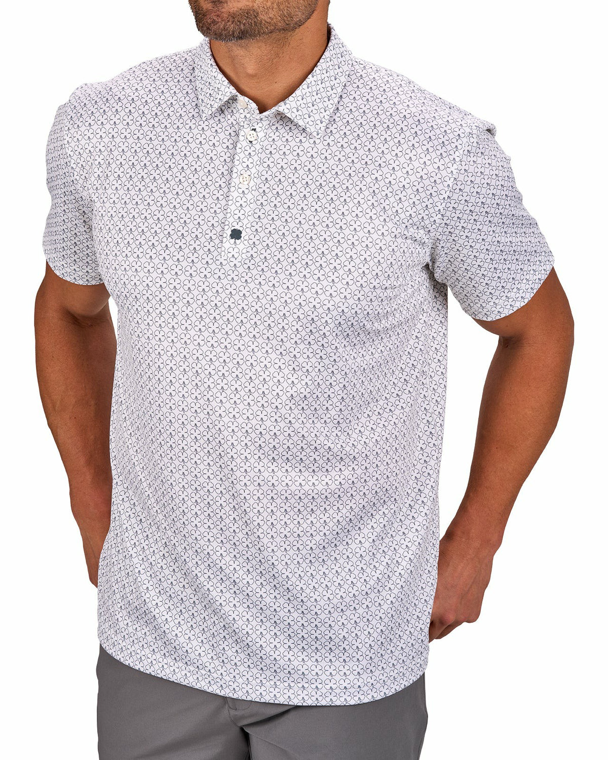 Black Clover Men's Stylish White Performance Polo with Clover Pattern