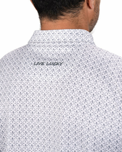 Black Clover Men's Stylish White Performance Polo with Clover Pattern