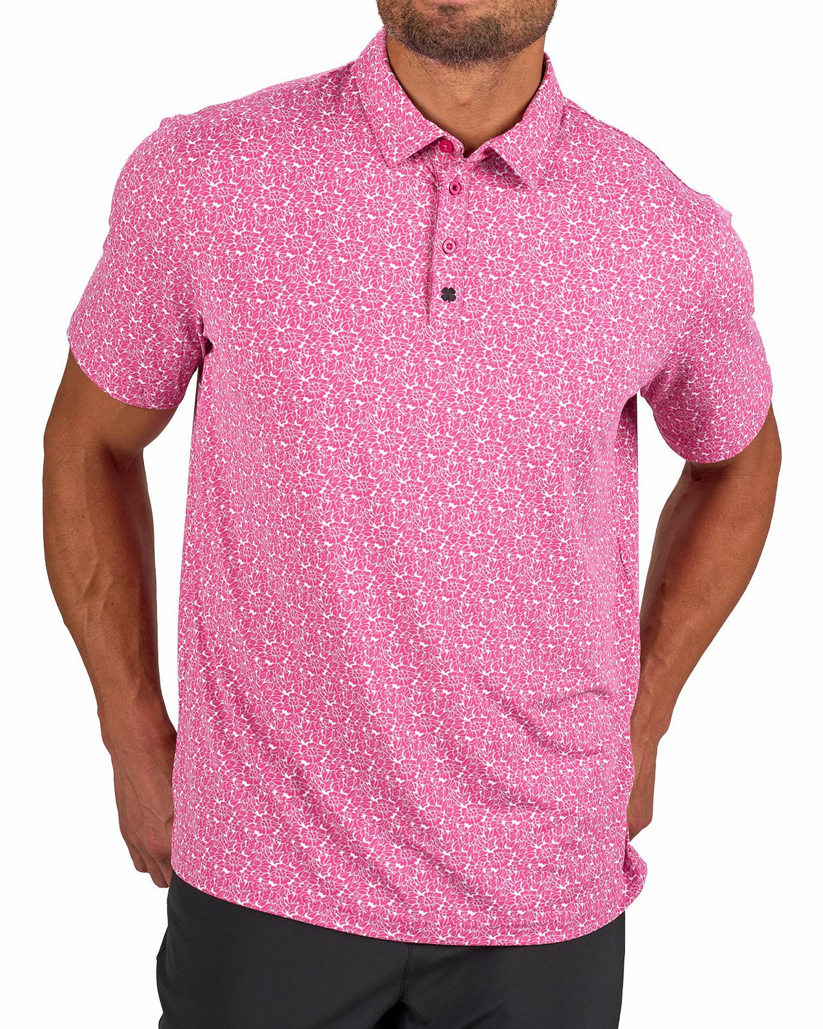 Black Clover Men's Stylish Floral Pink Polo for Golf or Business