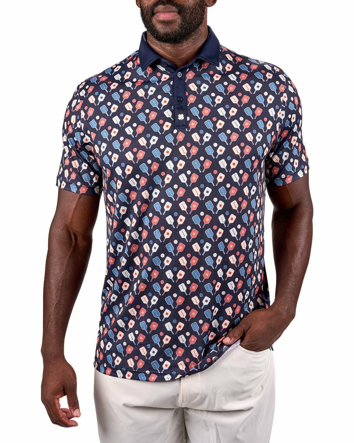 Black Clover Men's Navy Performance Polo with Pickleball Pattern