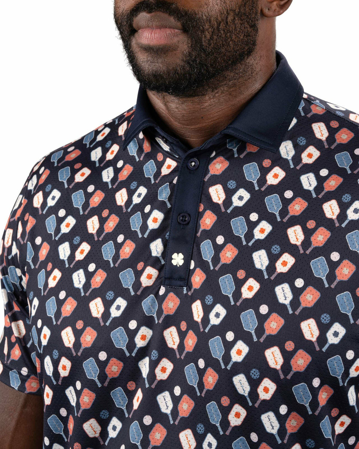 Black Clover Men's Navy Performance Polo with Pickleball Pattern