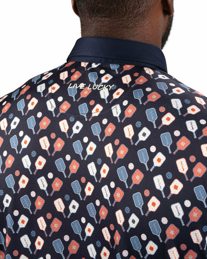 Black Clover Men's Navy Performance Polo with Pickleball Pattern
