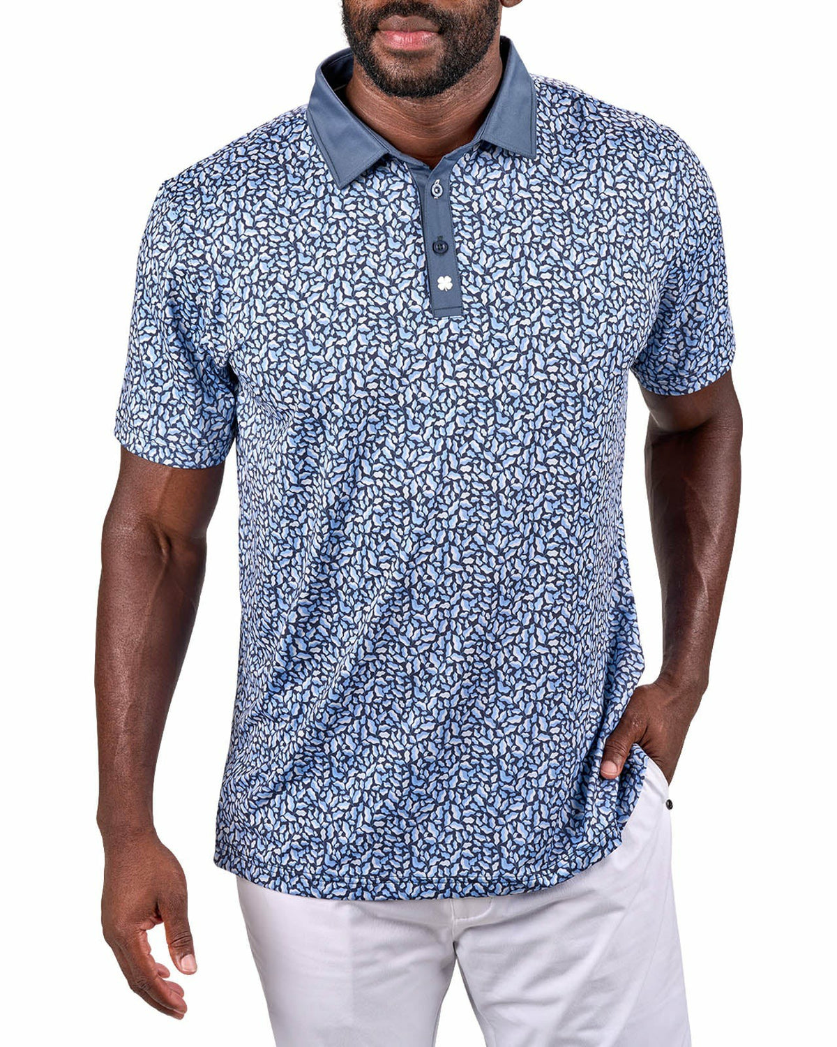 Black Clover Men's Blue Floral Performance Polo for Golf and Lifestyle