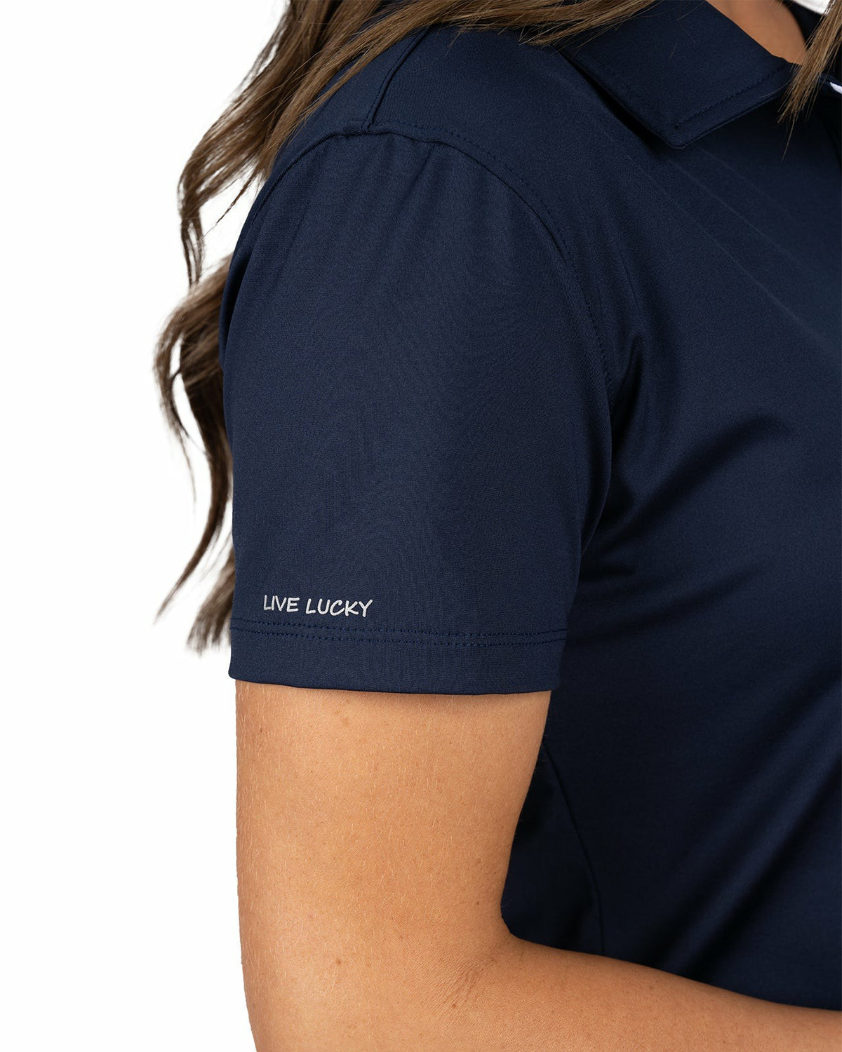 Black Clover Slightly Fitted Women's Five-Button Navy Blue Polo with Accent Piping on Placket