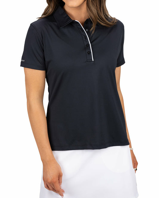 Black Clover Slightly Fitted Women's Five-Button Black Polo with Accent Piping on Placket
