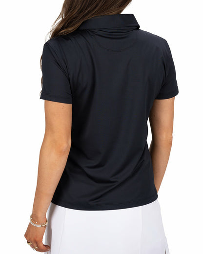 Black Clover Slightly Fitted Women's Five-Button Black Polo with Accent Piping on Placket