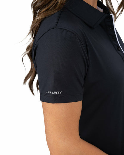 Black Clover Slightly Fitted Women's Five-Button Black Polo with Accent Piping on Placket