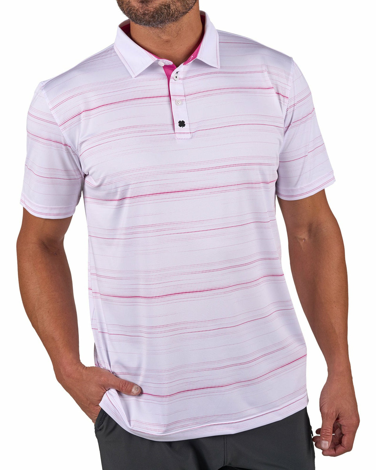 Black Clover Men's White Versatile Pink Dotted Polo for Golf or Business