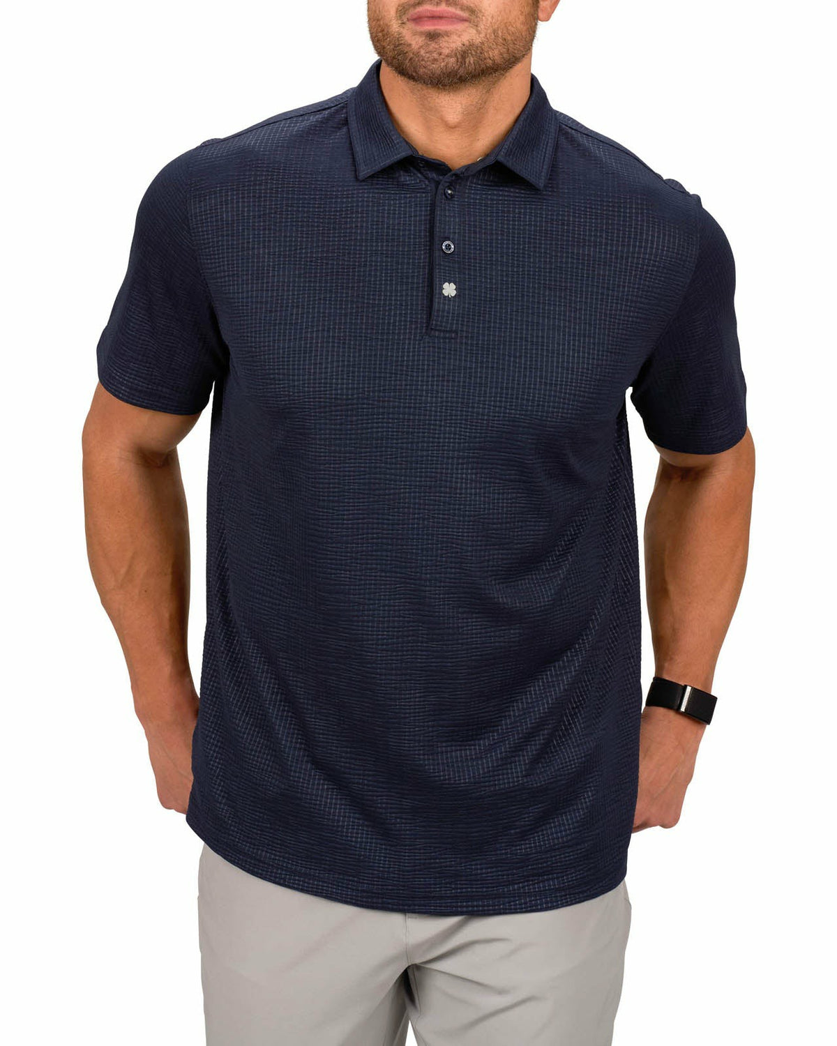 Black Clover Men's Navy Blue Textured Interlock Golf or Business Polo
