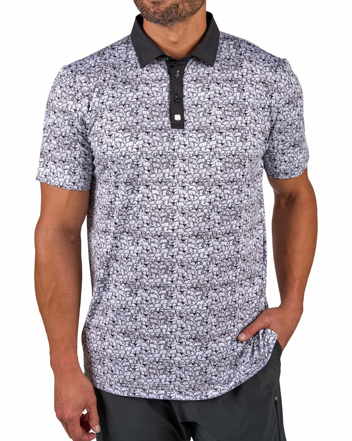 Black Clover Black and White Longhorn Patterned Men's Golf Polo