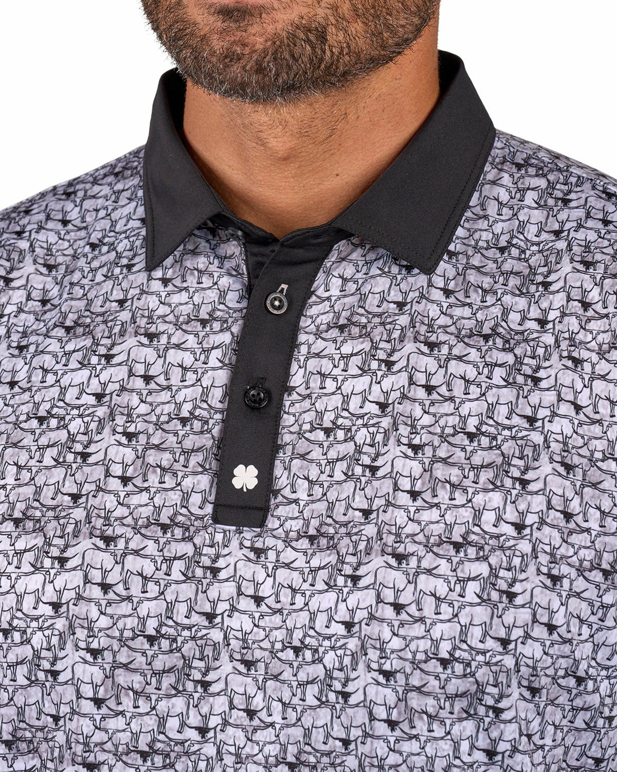 Black Clover Black and White Longhorn Patterned Men's Golf Polo