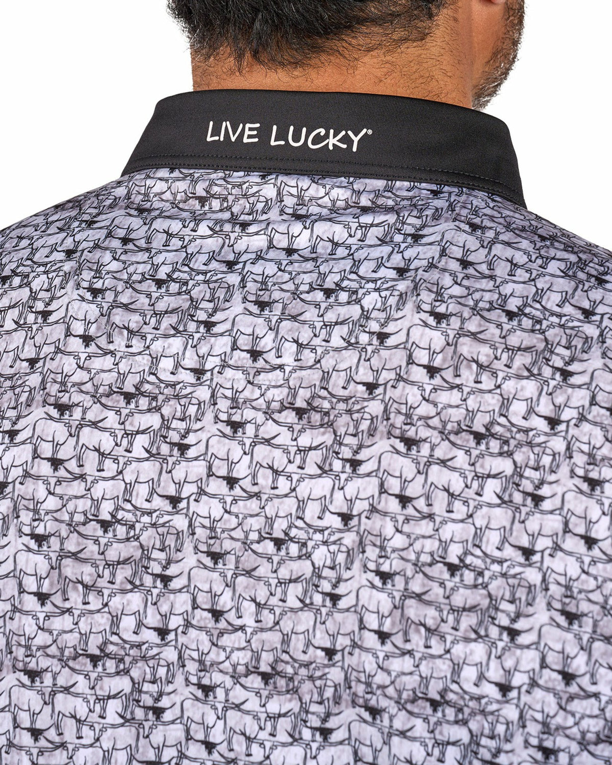 Black Clover Black and White Longhorn Patterned Men's Golf Polo