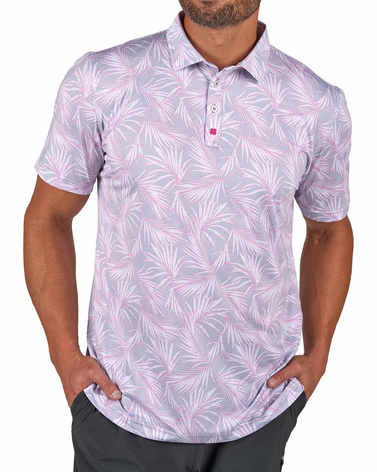 Black Clover Pink and Gray Tropical Patterned Men's Golf or Business Polo