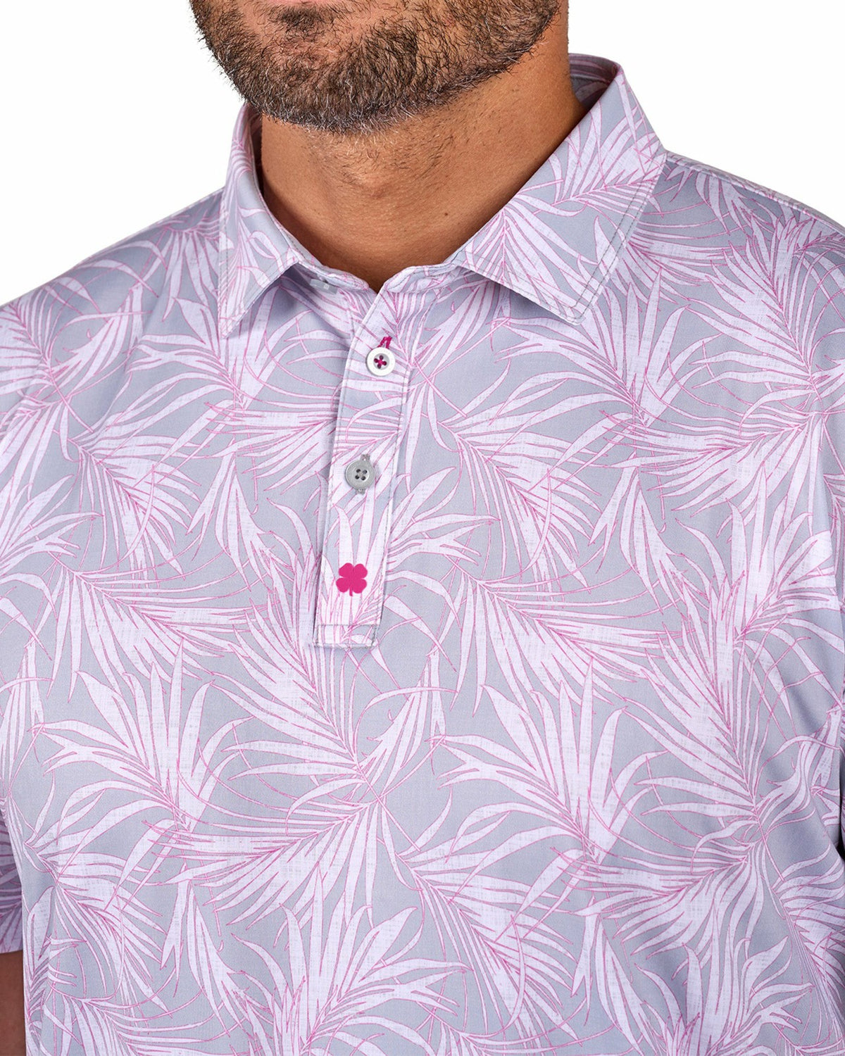 Black Clover Pink and Gray Tropical Patterned Men's Golf or Business Polo